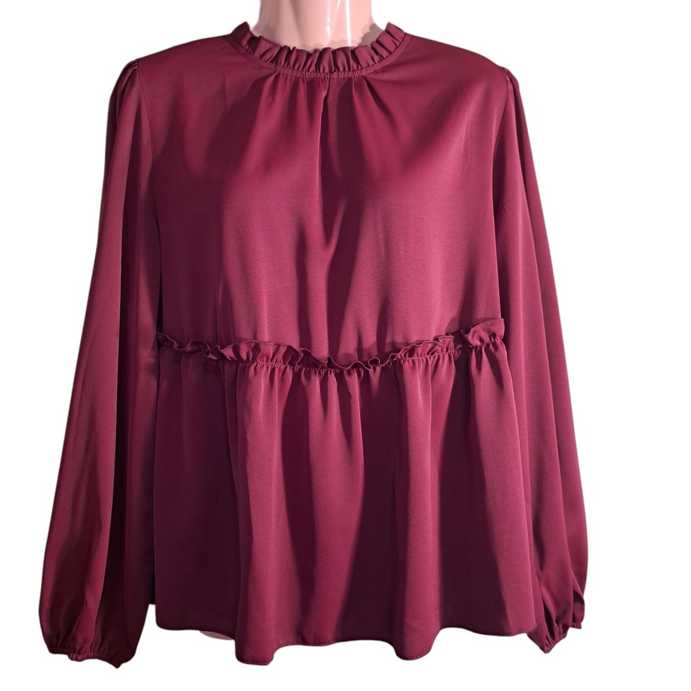 Shein Women's Maroon Blouse Long Sleeve Round Neck Ruffle Size 8/10‎